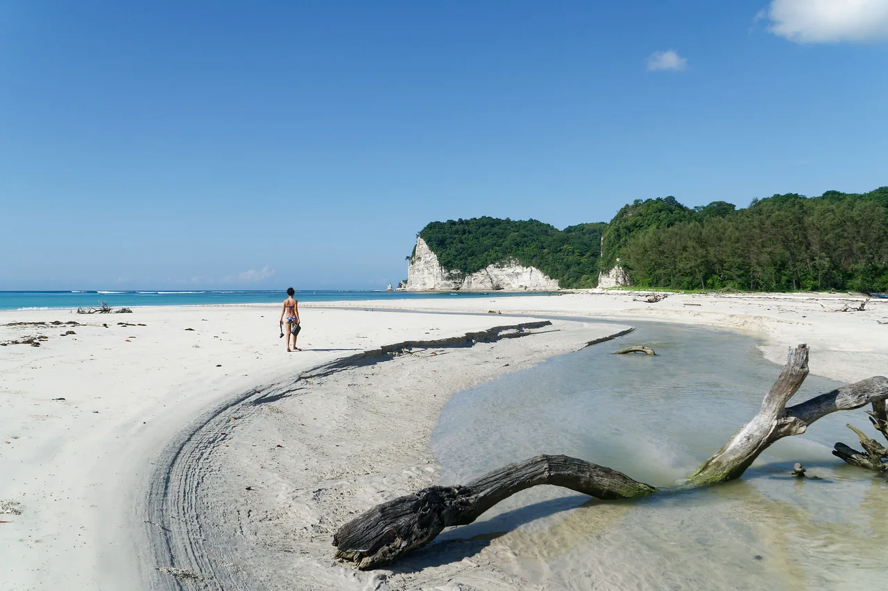 Traveller walking along a broad white-sand coast